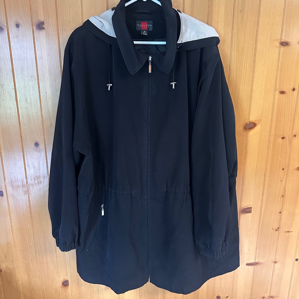 Gallery Woman Black Hooded Anorak Jacket Plus Size 3X Full Zip Drawstring Waist